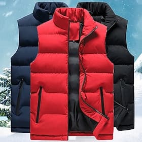 Men's Puffer Vest Formal Style Regular Casual Thermal Warm Breathable Winter Autumn / Fall Solid Color Blue Black Red Puffer Jacket