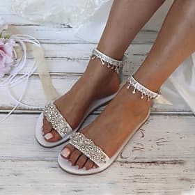 Women's White Rhinestone Flat Sandals – Elegant Bridal Beach Wedding Shoes with Ankle Strap