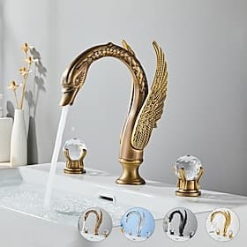 Widespread Bathroom Sink Mixer Faucet Swan Shape, Vintage Brass 3 Hole 2 Handle Basin Tap Deck Mounted, Washroom Basin Vessel Water Tap with Hot and Cold Hose