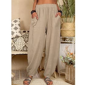 Damen Sommerhose 100% Baumwolle Baggy-Hosen Haremshose Komfort Knöchellang Natürliche Taille Einfarbig Tasche Elastischer Bund Lässig Khaki Schwarz Weiß Armeeg