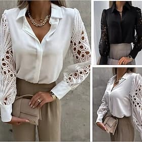 Women's Shirt Lace Shirt Blouse Eyelet top Patchwork Hole Solid / Plain Color Elegant Fashion Daily Shirt Collar Office Street Going out Black White Spring   F