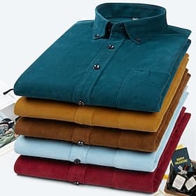 Men's Dress Shirt Button Down Shirt Collared Shirt Corduroy Shirt Plain Party Wedding Wine Black Yellow Brown Long Sleeve Turndown Winter Clothing Apparel Butt