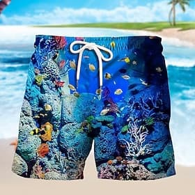 Men's Ocean Graphic Prints Fish Swim Trunks Swim Shorts Board Shorts Mid Waist Hawaiian Boho Casual Daily Beach Drawstring with Mesh lining Elastic Waist Desig