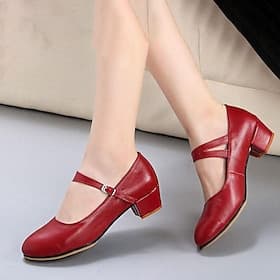 Women's Red Latin Dance Shoes – Leather Mary Jane Style with Chunky Heels and Adjustable Strap for Ballroom and Performance