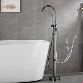 Bathtub Faucet Floor Mount Freestanding Tub Filler Brass High Flow Shower Faucets with Handheld Shower Mixer Taps Swivel Spout(Gun Grey)
