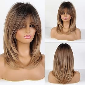 dunkelbraune Damenperücken blonde Highlights Perücke natürlich aussehender kurzer gewellter Bob Perücke mit Pony mittellang hitzebeständige Synthetikperücke tä