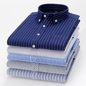 Men's Dress Shirt Button Down Shirt Collared Shirt Non Iron Shirt Oxford Shirt Striped Wedding Outdoor BlackWhiteNavy Blue White Navy Blue Blue Long Sleeve Tur