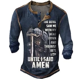 Men's Long Sleeve Henley Shirt - Christian Faith Warrior Graphic Tee The Devil Saw Me... Until I Said Amen