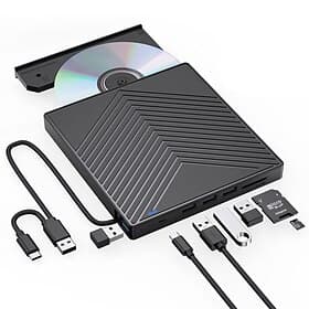 External CD DVD Drive 7 in 1 Ultra Slim CD Burner USB 3.0 with 4 USB Ports and 2 TF/SD Card Slots Optical Disk Drive for Laptop Mac PC Windows 11/10/8/7 Linux