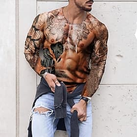 Men's Muscle Graphic T Shirt Tee Long Sleeve T shirt 3D Print Crew Neck Shirt Designer Comfort Leisure Outdoor Daily Sports Dark Brown Brown Spring   Fall Clot