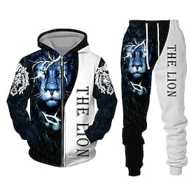Men's Graphic Lion 2pcs 3D Sweatshirt Sets Hoodie Tracksuit Long Sleeve Long pants Hooded Streetwear Designer Basic Sports Outdoor Casual Sports Zipper Spring