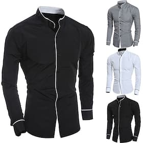 Men's Chinese Collar Shirt Mandarin Collar Shirt Dress Shirt Collarless Shirt Symbol Wedding Street Black White Gray Long Sleeve Stand Collar Spring   Fall Clo