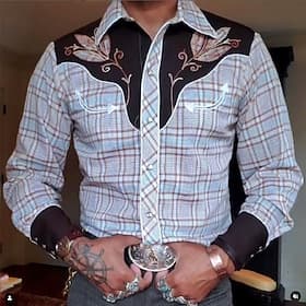 Men's Plaid Graphic Prints Shirt Western Shirt Cowboy Shirt Long Sleeve Fashion Designer Casual Daily Outdoor Fall  Winter Turndown Print Button-Down Blue Purp