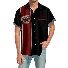 Herren Auto Gestreift Hemd Bowlinghemd Knopfhemd Kurzarm Vintage Tropisch Mode Outdoor Strand Sommer Frühling Umlegekragen Druck Button-Down Schwarz und Rot Sc