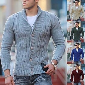 Men's Sweater Cardigan Sweater Cropped Sweater Knit Knitted Shawl Collar Modern Contemporary Going out Weekend Clothing Apparel Fall Winter Wine Red Black S M