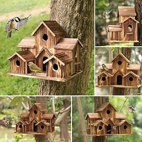 Bird House for Outside, 6 Holes Handmade Wooden Bird House, Retro Villa Style Large Bird House for Outside Birds, Backyard Patio Decorations