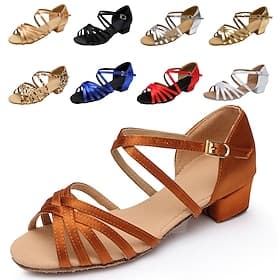 Mädchen Latein-Tanzschuhe aus Satin mit niedrigem Absatz – bequeme Ballsaal-Sandalen mit Wildledersohle für Anfänger und Profis