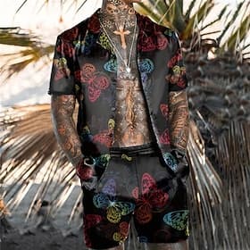 Men's Butterfly Leaves 2pcs Shirts Sets Summer Hawaiian Shirt Short Sleeve Short Pants Cuban Collar Tropical Fashion Hawaiian Casual Holiday Beach Print Summer