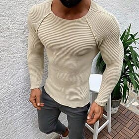 Men's Sweater Pullover Sweater Jumper Ribbed Crochet Knit Cropped Knitted Crew Neck Going out Casual Daily Clothing Apparel Spring   Fall Black Beige S M L