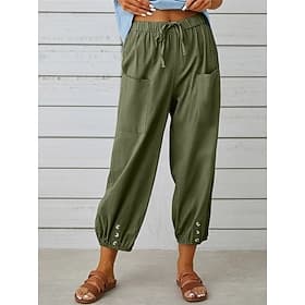 Damen-Caprihose aus 100 % Baumwolle, Sommerhose, lässig und bequem, einfarbig, mit Tasche und elastischem Bund, geeignet für Urlaub, Zuhause und Alltag, in Sch