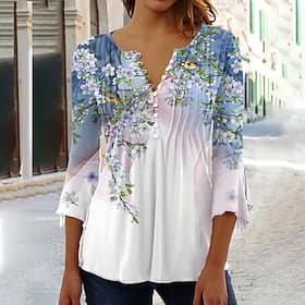 Women's T-Shirt  V Neck Henley Floral Streetwear Casual 3/4 Length Sleeve Round Neck Regular Tops Holiday Weekend Buttons Print Blue