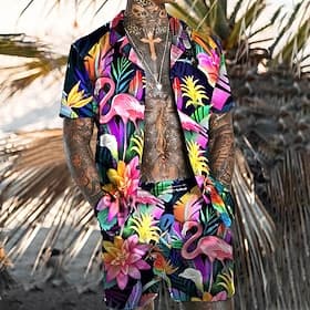 Men's Floral Flamingo 2pcs Shirts Sets Summer Hawaiian Shirt Short Sleeve Short Pants Turndown Tropical Fashion Hawaiian Street Casual Hawaiian Print Summer Sp