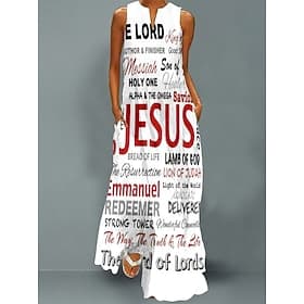 Women's Maxi Dress Cross Casual Dress Swing Dress Print Dress Letter Casual Holiday Vacation Beach Pocket Print Sleeveless V Neck Dress Loose Fit Black White G