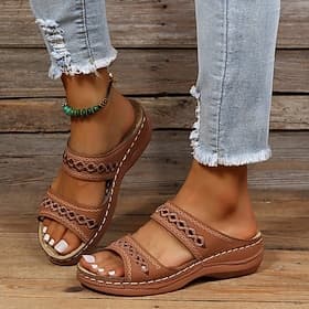 Women's Dark Brown Slip-On Comfort Sandals with Arch Support and Cutout Straps, Casual Orthopedic Slide Shoes for Walking, Travel, and Daily Wear
