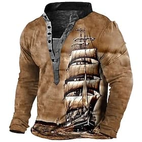 Herren Henley Shirt Tee Graphic Schiff Henley Bekleidung 3D-Druck Outdoor Casual Langarm Button-Down Bedruckt Modisch Designer Stilvoll Vintage