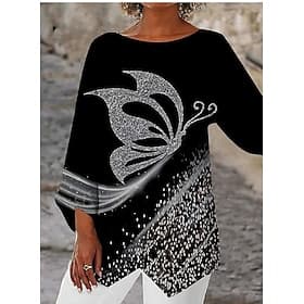 Women's Blouse Long Sleeve Asymmetrical Hem Chiffon Basic Butterfly Print Regular Tops Round Neck Casual White Gray Spring Fall