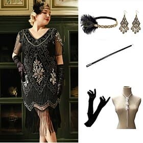 Roaring 20s 1920s Knee Length Dress Flapper Dress Outfits Short Sleeves The Great Gatsby Wedding Guest Sequins Tassel Fringe Sequin Tassel V Neck Fancy Dress W