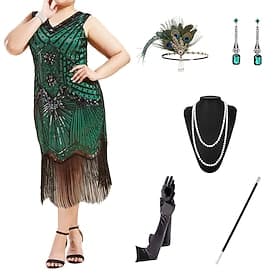 Goldene Zwanziger 1920er Midlänge Flapper Kleid Cocktailkleid Zubehörset Ärmellos Der große Gatsby Hochzeitsgast Pailletten Quastenfransen V Ausschnitt Kostüm