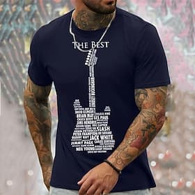 Men's Graphic T-Shirt, The Best Guitar Legends Iconic Musicians List in Guitar Shape Design Music Fan Tee