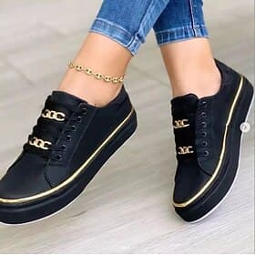 Women's Black Lace-Up Sneakers with Gold Chain Detail – Casual Fashion Shoes for Everyday Wear