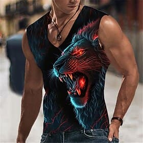 Men's Graphic Animal Lion Vest Top Sleeveless T Shirt for Men Sleeveless T shirt 3D Print V Neck Shirt Designer Casual Muscle Sports Running Gym Blue Orange Gr