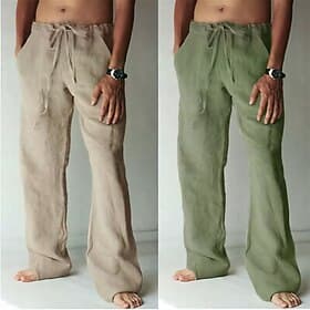 Men's Linen Pants Trousers Summer Pants Beach Pants Drawstring Pocket Elastic Waist Plain Daily Streetwear Fashion Casual Black White