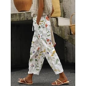Pantalons en coton et lin pour femmes Pantalons amples Aspect lin Vintage Décontracté Longueur cheville Imprimé floral Poches latérales à cordon Confort Non él