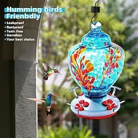 Hummingbird Feeder,Glass Bird Feeder with Color Hand Blown Glass,Leakproof Nectar Capacity Hummingbird Feeders, Garden Bird Feeders with Ant Moat Hook Easy to