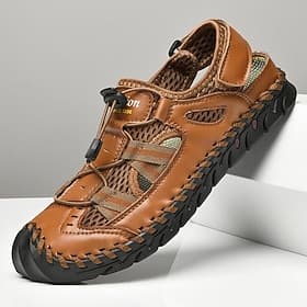 Men's Breathable Faux Leather Outdoor Sandals – Closed Toe Sport Fisherman Shoes with Adjustable Elastic Laces for Hiking, Walking  Casual Summer Wear