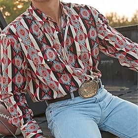 Men's Graphic Prints Vintage Geometry Shirt Western Shirt Cowboy Shirt Long Sleeve Fashion Streetwear Designer Daily Outdoor Fall  Winter Turndown Print Button