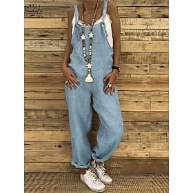 Femme Normal Salopette Vêtement de rue Couleur unie Sans Manches Col Carré Poche Vacances du quotidien Standard Noir Vin Bleu Eté