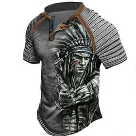 Men's Graphic Prints Indian Henley Shirt Raglan T Shirt Short Sleeve Vintage Fashion Designer Outdoor Vacation Daily Summer Black Blue Green Khaki Gray Henley