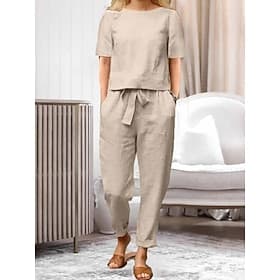 Women's Loungewear Two Piece Sets Fashion Simple Casual Pure Color Pocket Cotton Linen Sets T Shirt Pant Street Date Airport Half Sleeve Crew Neck Army Green O