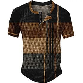 Men's Graphic Color Block Waffle Henley Shirt Tee Vintage Shirt Short Sleeve 3D Print Fashion Designer Basic Outdoor Casual Daily Summer Blue Purple Brown Gree