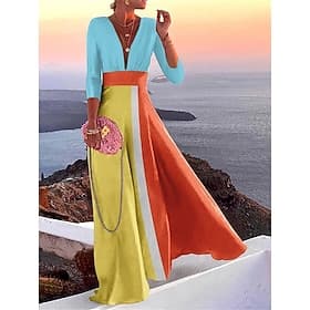 Vestido casual feminino, bloco de cores, patchwork, decote em v, maxi vestido longo, casual, diário, manga 3/4, verão, primavera