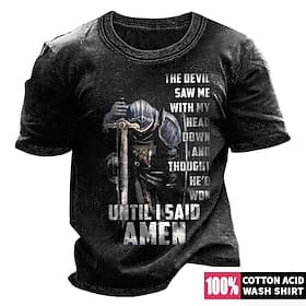 Men's Motivational Knight Graphic T-Shirt: 'The Devil Saw Me With My Head Down Until I Said Amen' Short Sleeve, 100% Cotton Acid Wash