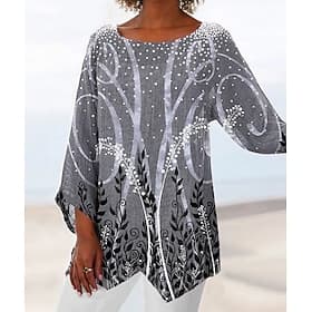 Blouse Femme Longue Manches Ourlet Asymétrique Chiffon Quotidien Basique Imprimé Feuille Longs Tops Col Ronde Décontracté Vacances Bleu Vert Gris Automne  Hive