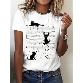 Women's T Shirt Basic Cat Print Short Sleeve Regular Tops Round Neck Daily Weekend White
