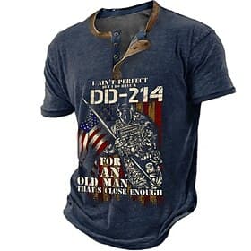 Mens Veteran DD-214 Graphic Henley T-Shirt - 'I Ain't Perfect Old Man' Quote Short Sleeve Tee