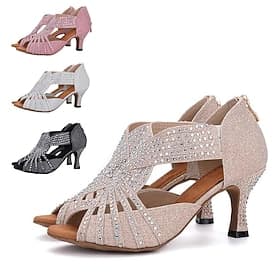 Women's Rhinestone Dance Sandals – Glittering Open-Toe Ballroom Shoes with Zipper Closure for Salsa, Latin, and Dance Events